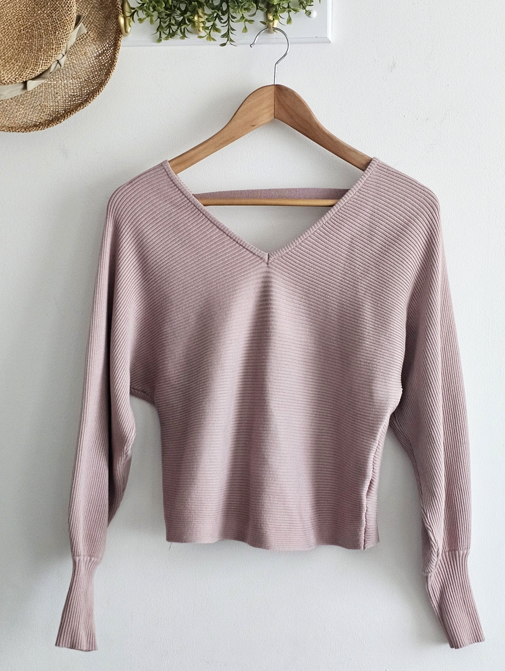 Pink Rose Ribbed Knit Sweater Blush Pink V Neck Long Sleeve Size S